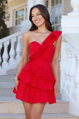Precious Time One Shoulder Mini Dress Red