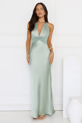 Spiced Sunset Satin Halter Maxi Dress Sage
