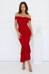 Tanisha Off Shoulder Mesh Midi Dress Maroon