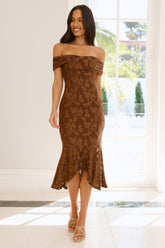 Botanical Embrace Off Shoulder Midi Dress Brown
