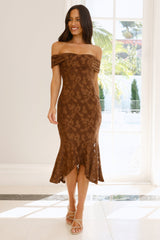 Botanical Embrace Off Shoulder Midi Dress Brown
