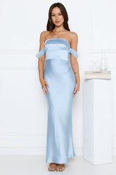 Hot Girl Diaries Off Shoulder Satin Maxi Dress Blue