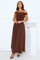 Camellia Charm Off Shoulder Maxi Dress Brown
