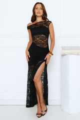 Sultry Spin Lace Off Shoulder Maxi Dress Black