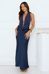Rouge Rendezvous Halter Satin Maxi Dress Navy