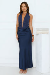 Rouge Rendezvous Halter Satin Maxi Dress Navy