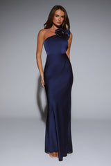 Flowered Opulence One Shoulder Satin Maxi Dress Navy