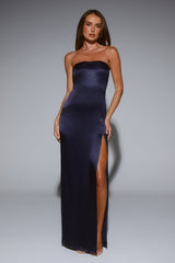 Sleek Aura Strapless Satin Maxi Dress Navy