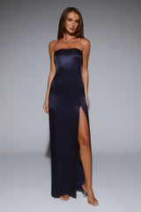 Sleek Aura Strapless Satin Maxi Dress Navy
