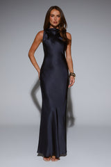 Silken Solstice Satin Maxi Dress Navy