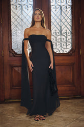 Luxe Lady Satin Off Shoulder Maxi Dress Black