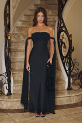 Luxe Lady Satin Off Shoulder Maxi Dress Black