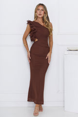 Luxe By Moonlight One Shoulder Mesh Maxi Dress Brown