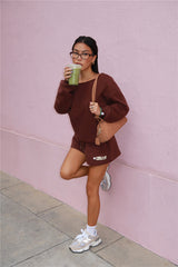 BASE Fleece Off Shoulder Sweatshirt Brown