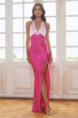 Sassy In SoHo Halter Satin Maxi Dress Pink