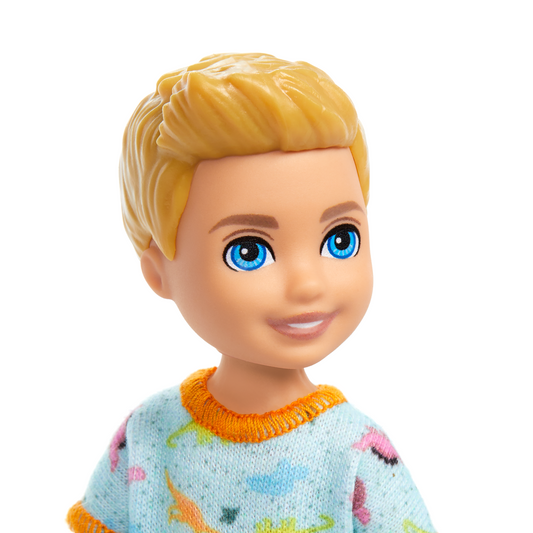 Barbie Chelsea Doll, Small Boy Doll Wearing Removable One-Piece With Dino Print, Blond Hair & Blue Eyes
