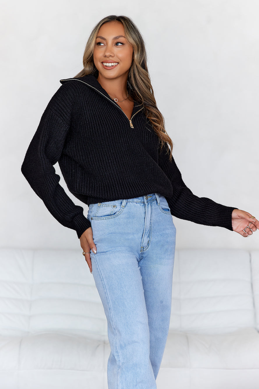 Snowfall Knitted Half Zip Sweater Black