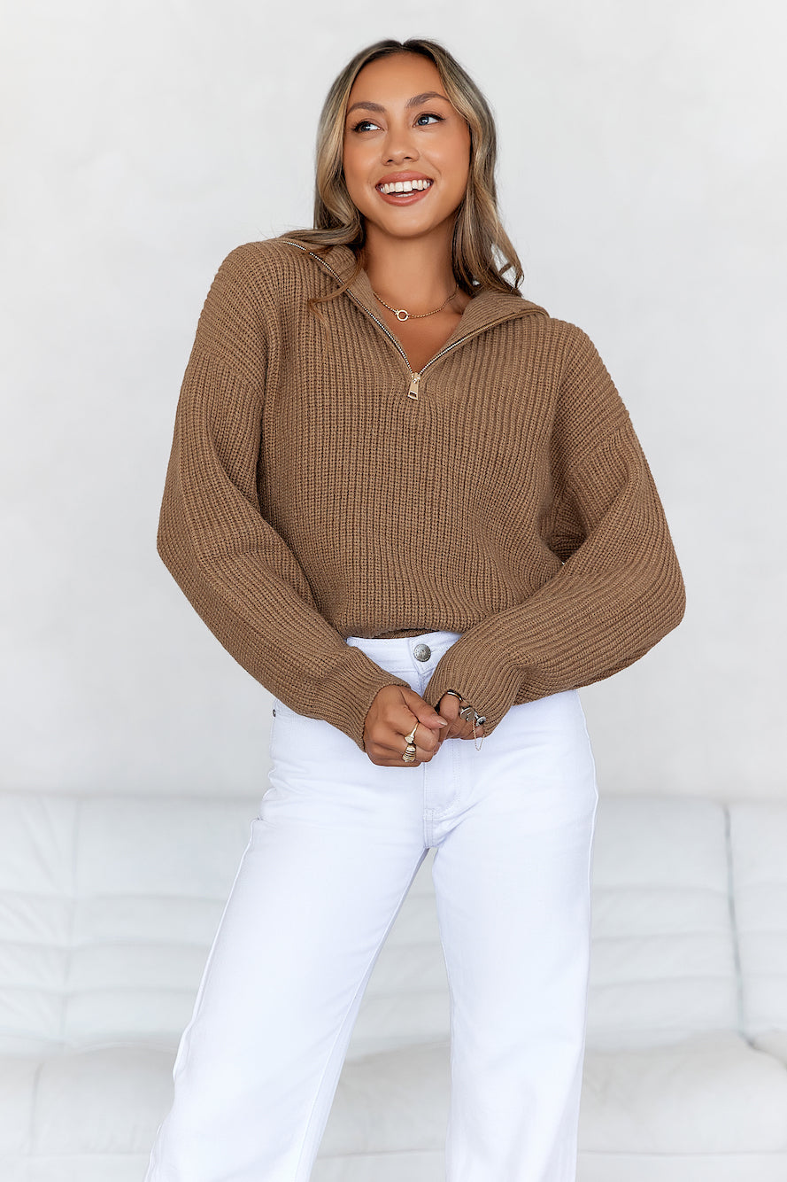 Snowfall Knitted Half Zip Jumper Brown