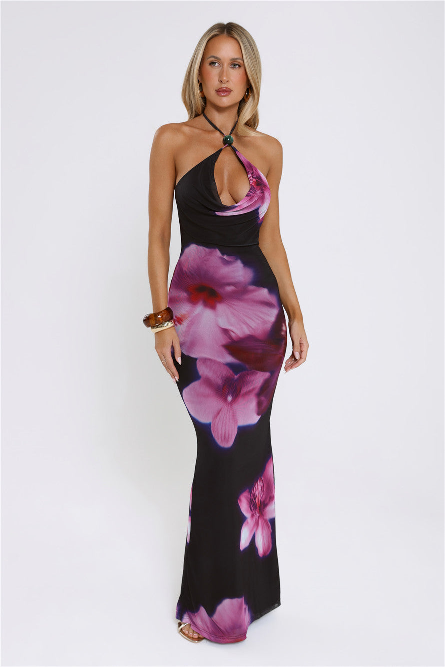 Midnight Blossoms Halter Maxi Dress Floral