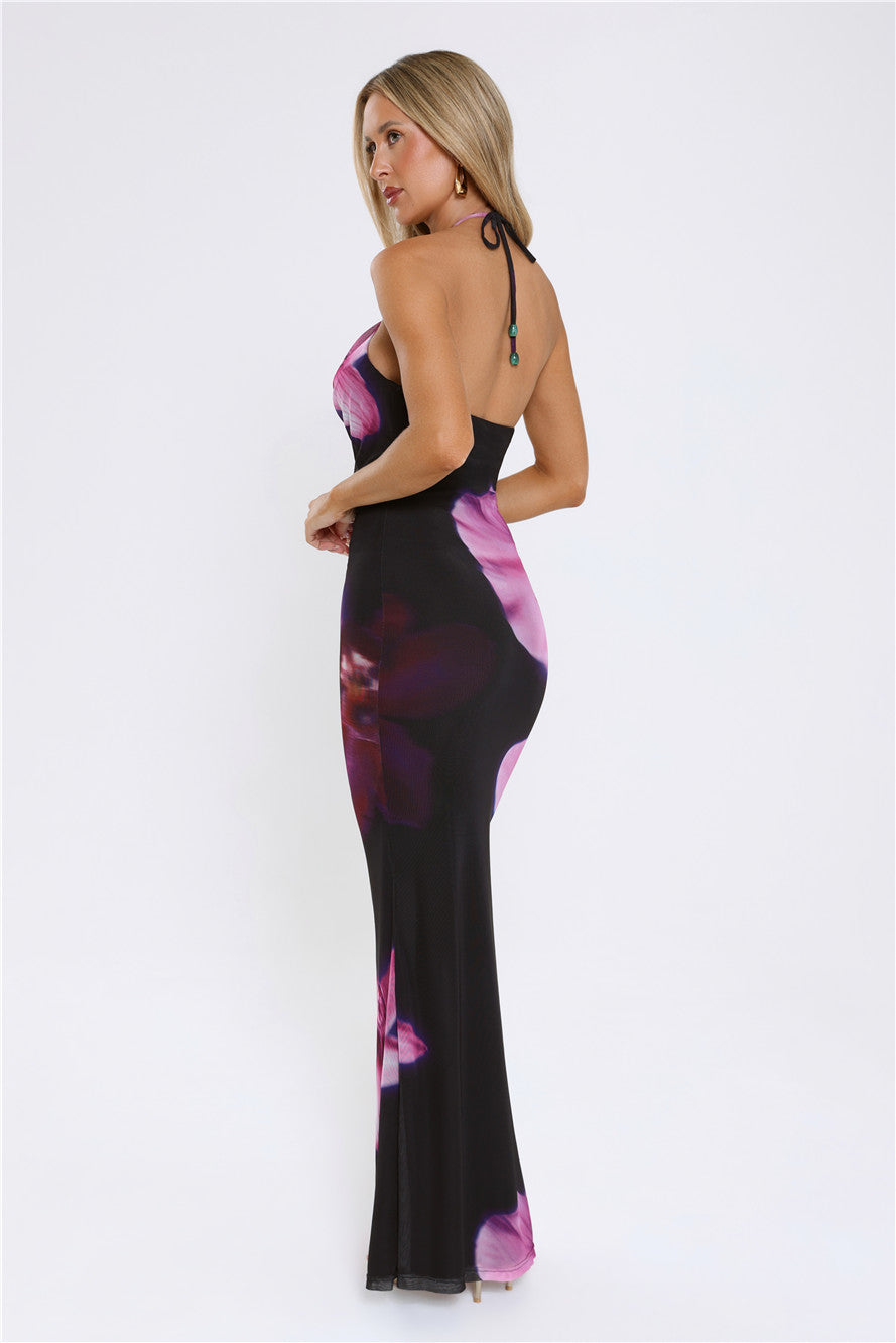 Midnight Blossoms Halter Maxi Dress Floral