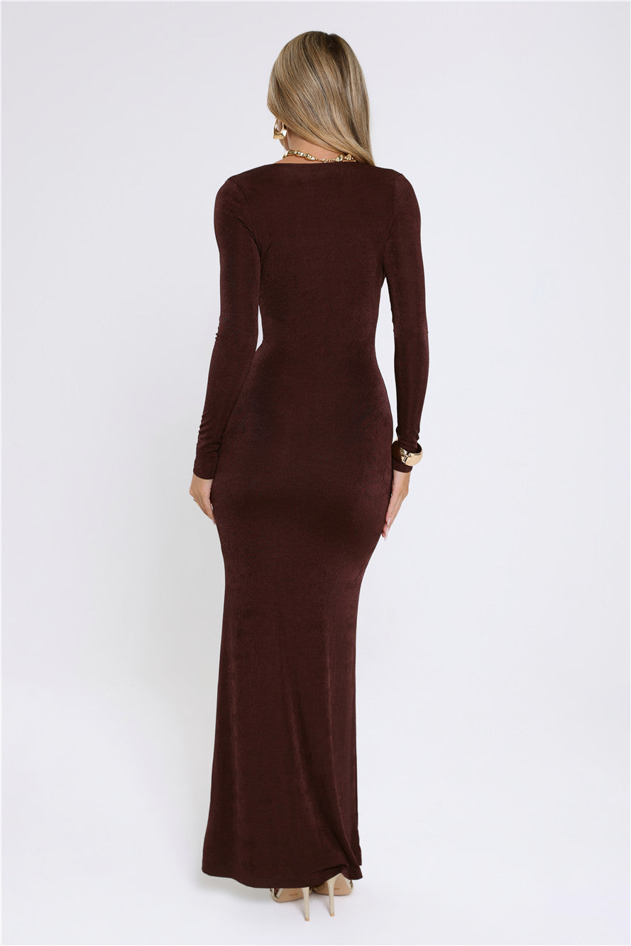 Stare Worthy Long Sleeve Maxi Dress Brown