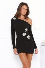 Noir Bloom Off Shoulder Long Sleeve Mini Dress Black