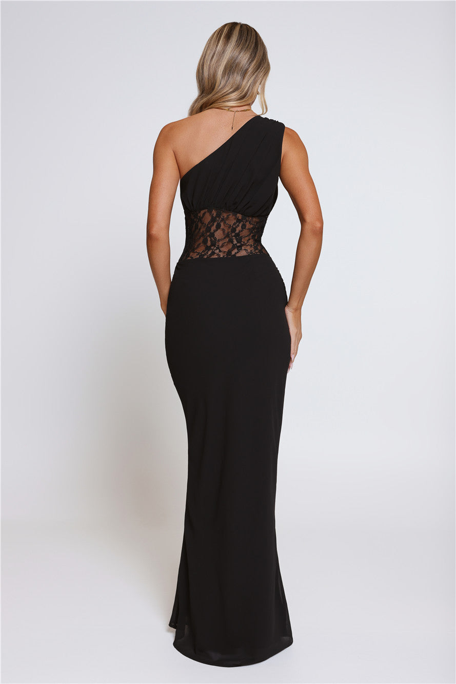 Lace Desire One Shoulder Maxi Dress Black