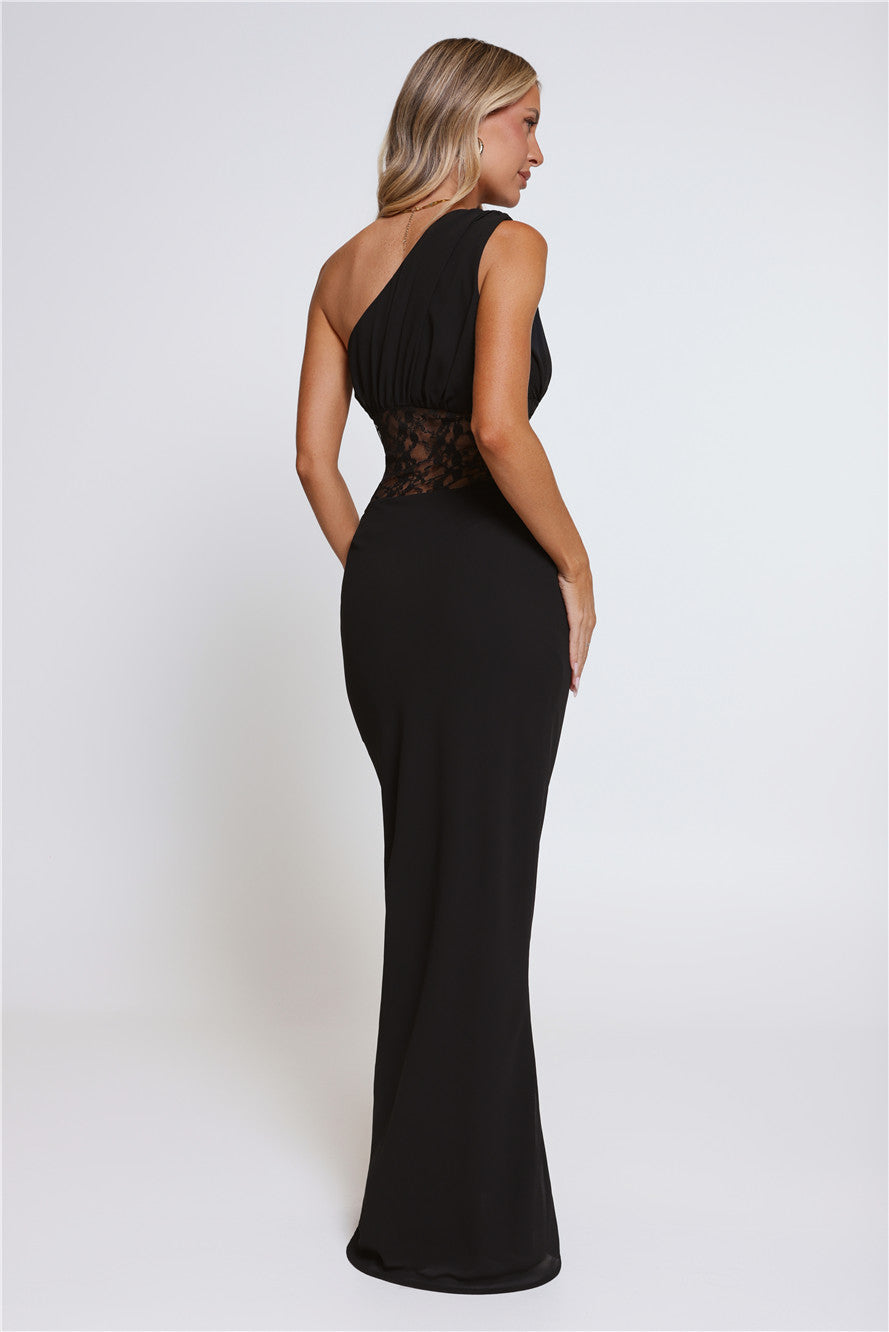 Lace Desire One Shoulder Maxi Dress Black