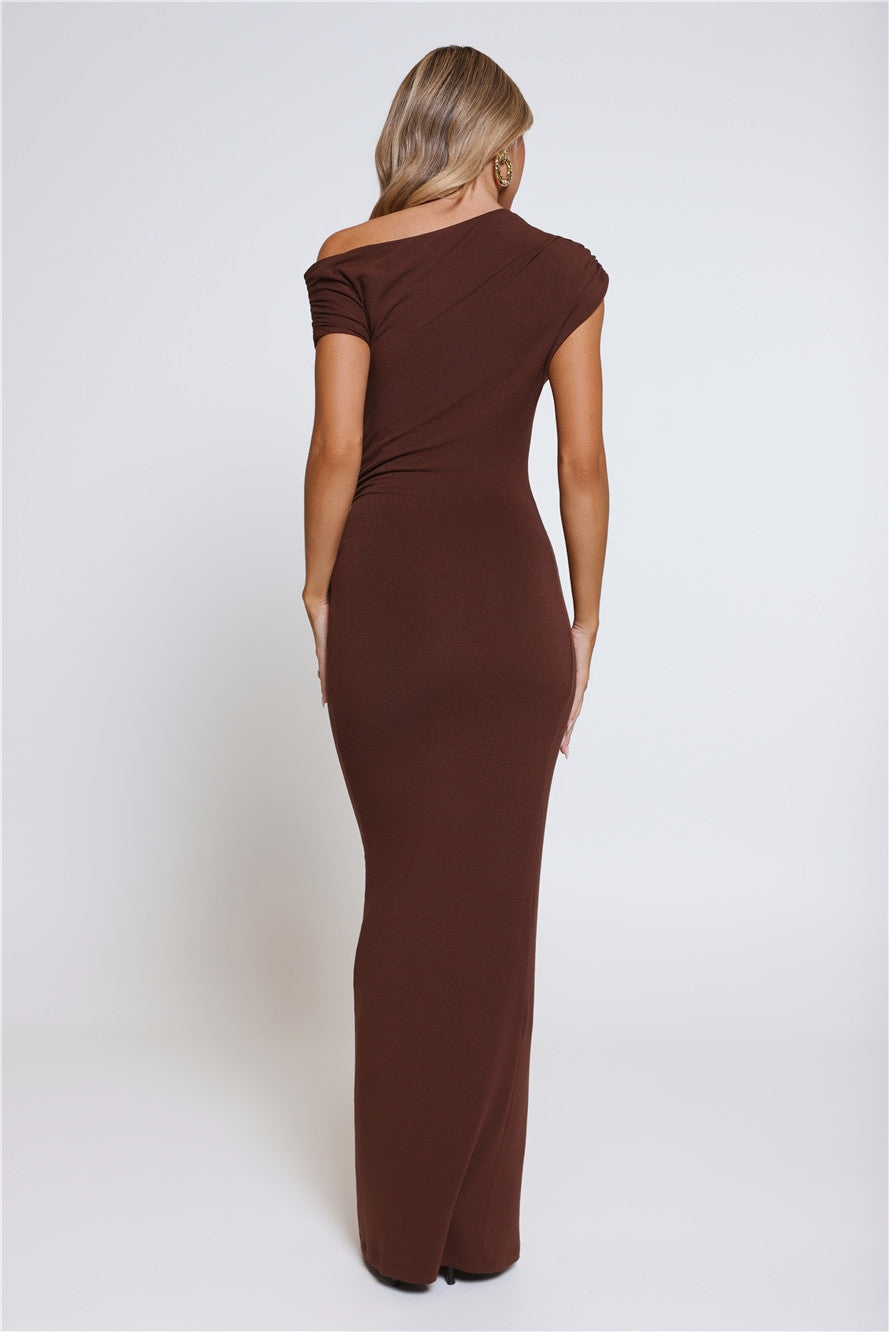 Dearest Desire Off Shoulder Maxi Dress Chocolate