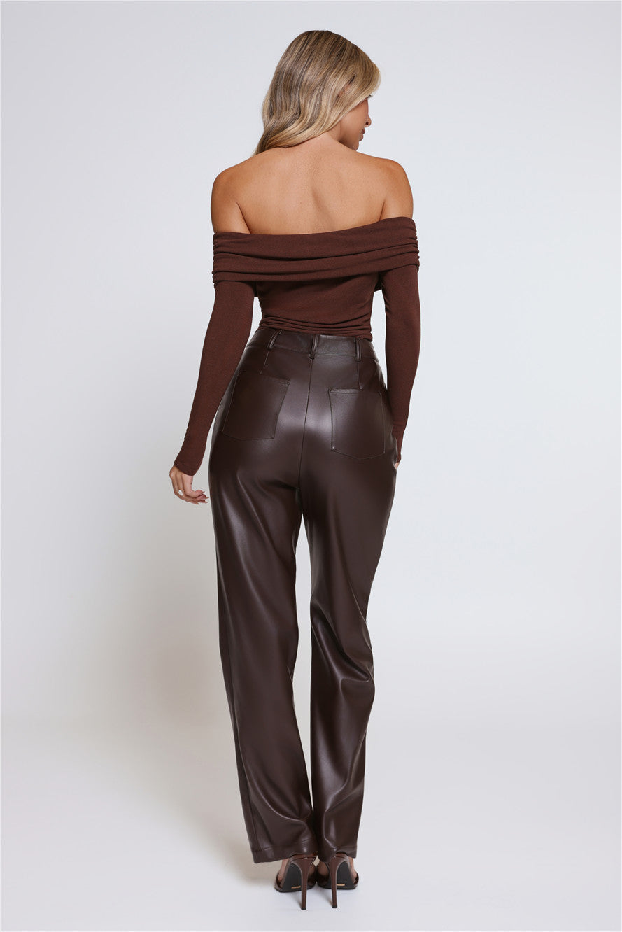 Mind Made Up Off Shoulder Long Sleeve Top Chocolate