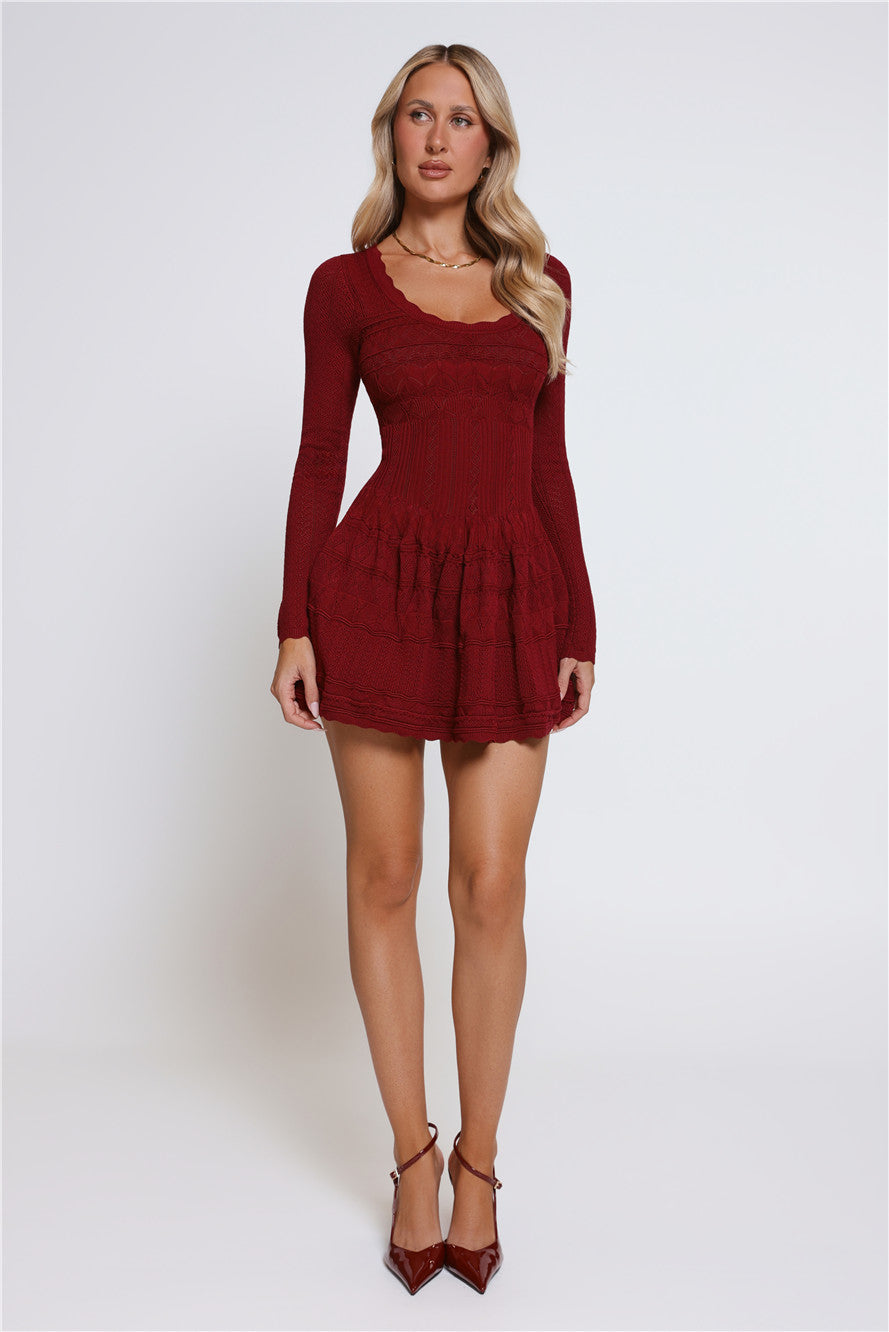 Pretty Portrait Long Sleeve Knit Mini Dress Wine