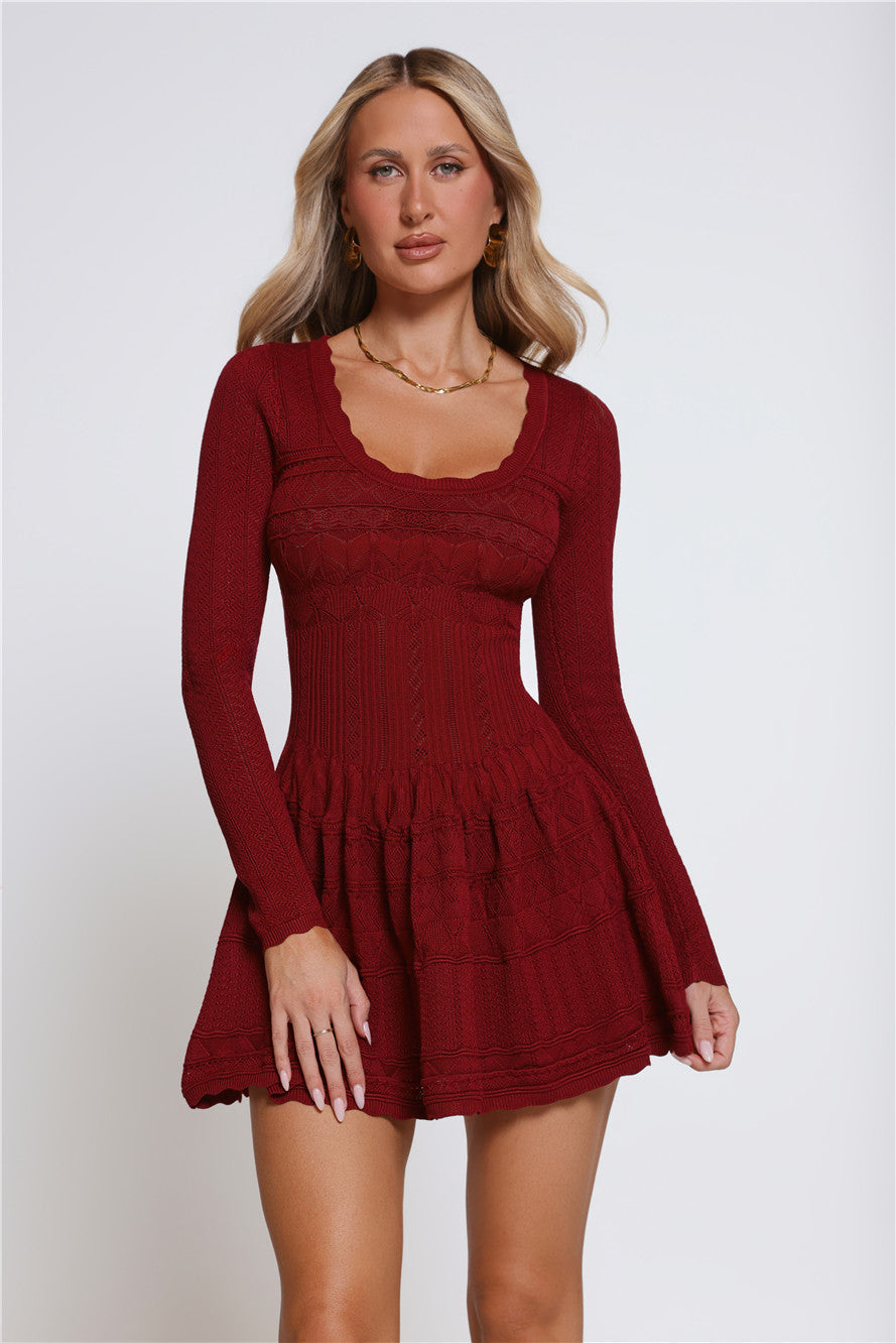 Pretty Portrait Long Sleeve Knit Mini Dress Wine