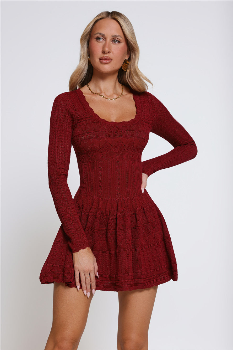 Pretty Portrait Long Sleeve Knit Mini Dress Wine
