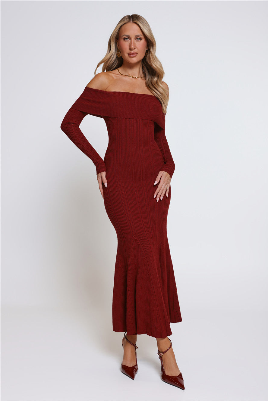 After Hours Aura Knit Off Shoulder Maxi Dress Wine