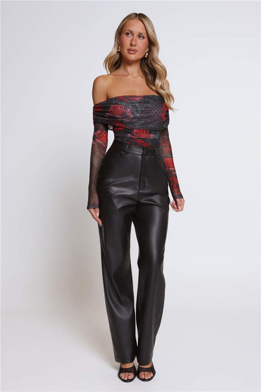 Roses In Bloom Long Sleeve Mesh Bodysuit Black