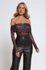 Roses In Bloom Long Sleeve Mesh Bodysuit Black
