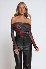 Roses In Bloom Long Sleeve Mesh Bodysuit Black