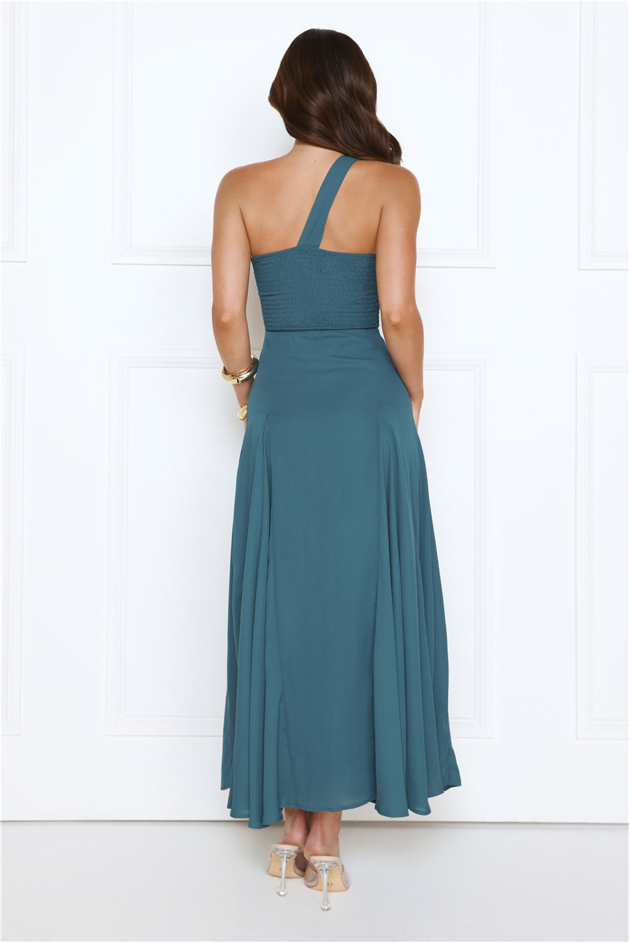 Glossed Edge One Shoulder Maxi Dress Teal