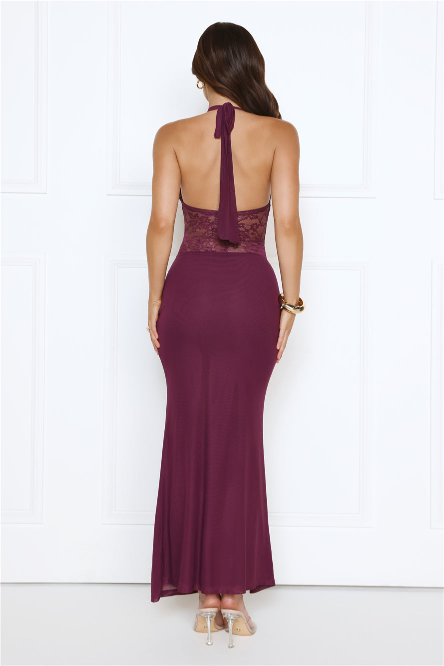 Haute Habit Halter Lace Maxi Dress Plum