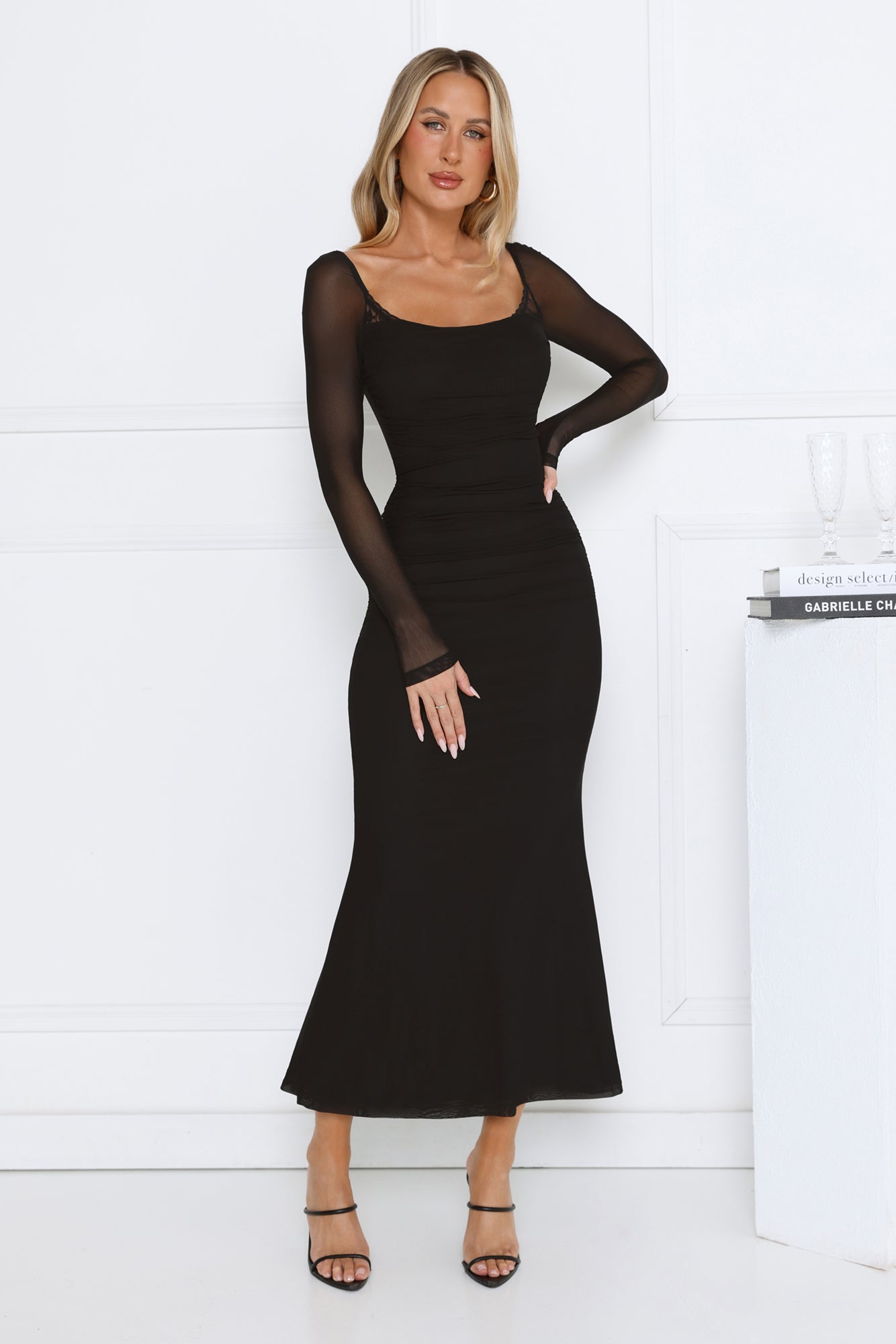 Trendsetter Edit Mesh Long Sleeve Maxi Dress Black