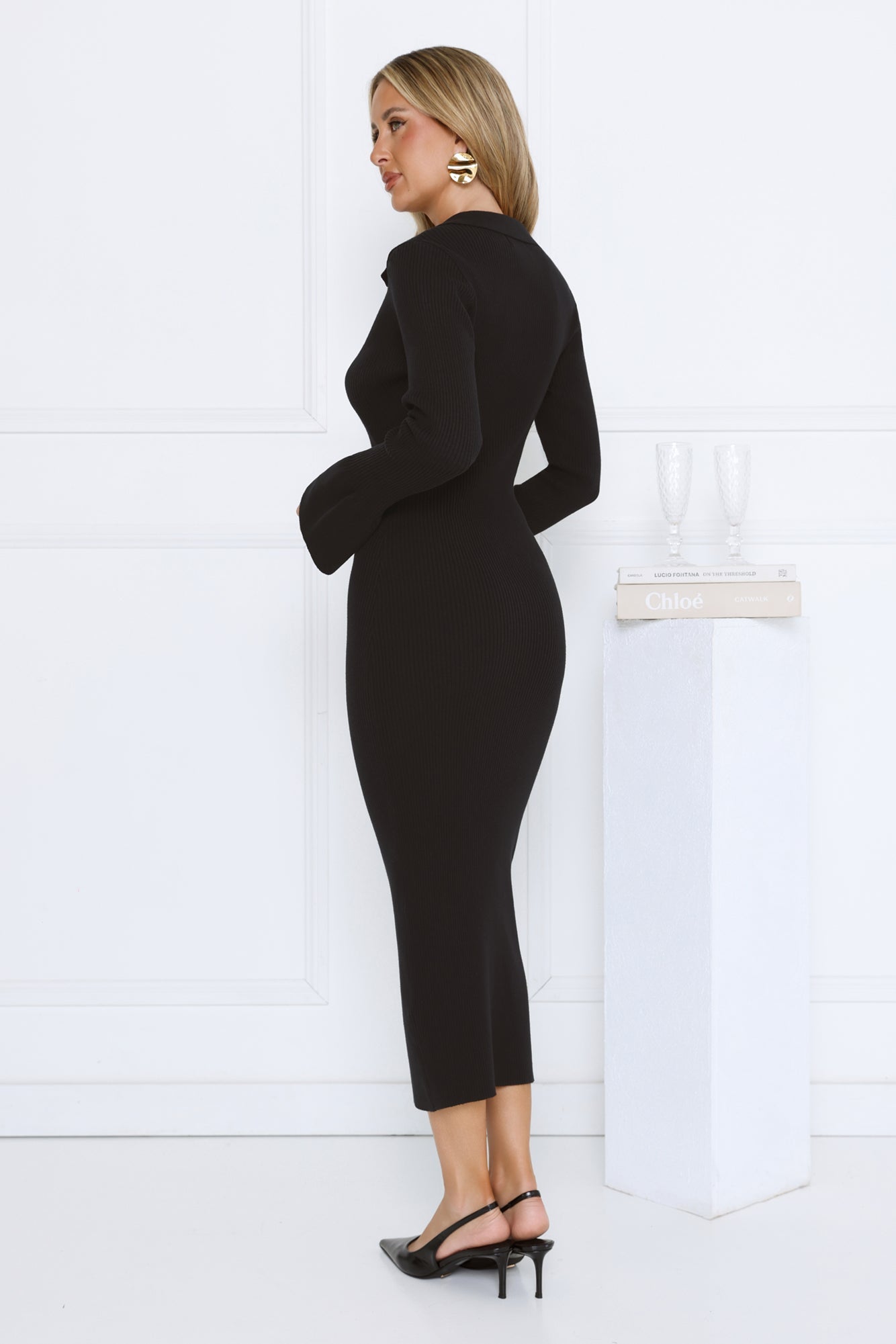 Snow Kiss Soirée Ribbed Midi Dress Black