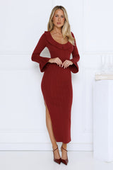 Night Style Ribbed Maxi Dress Burgundy