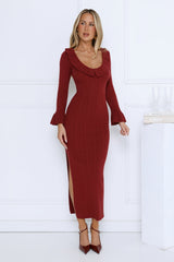 Night Style Ribbed Maxi Dress Burgundy
