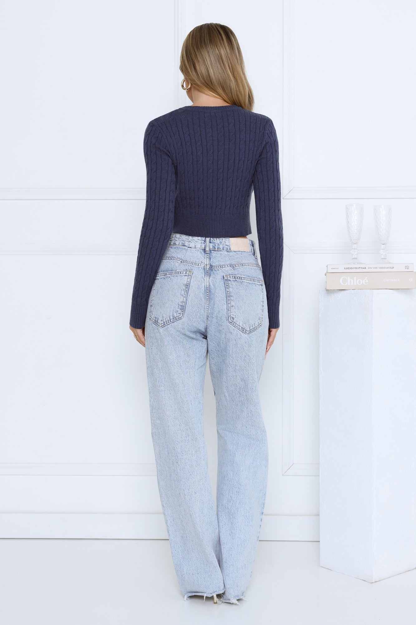 Knit Statement Cable Cropped Cardigan Navy