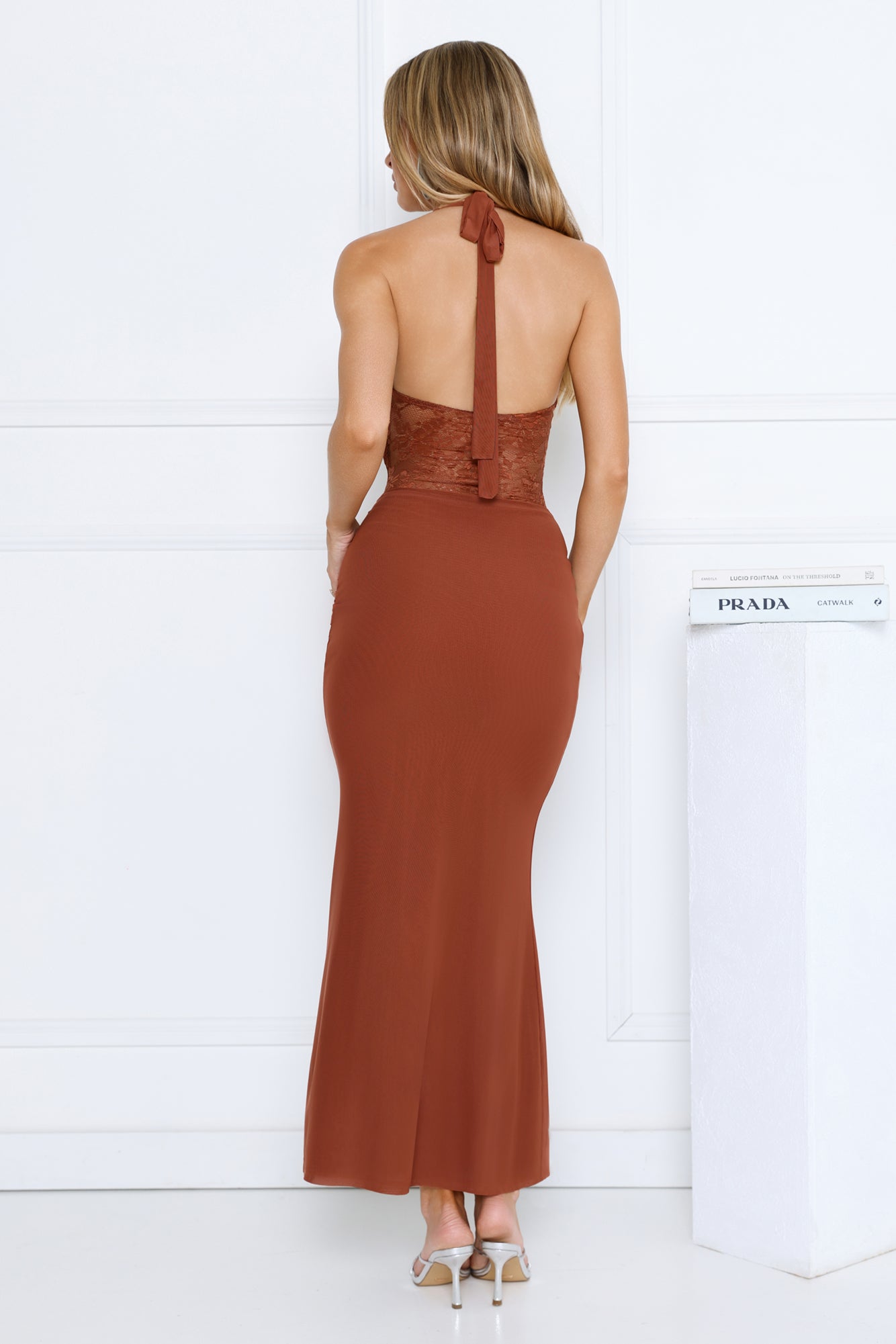 Haute Habit Halter Lace Maxi Dress Copper