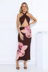Blooming Belle Halter Maxi Dress Brown