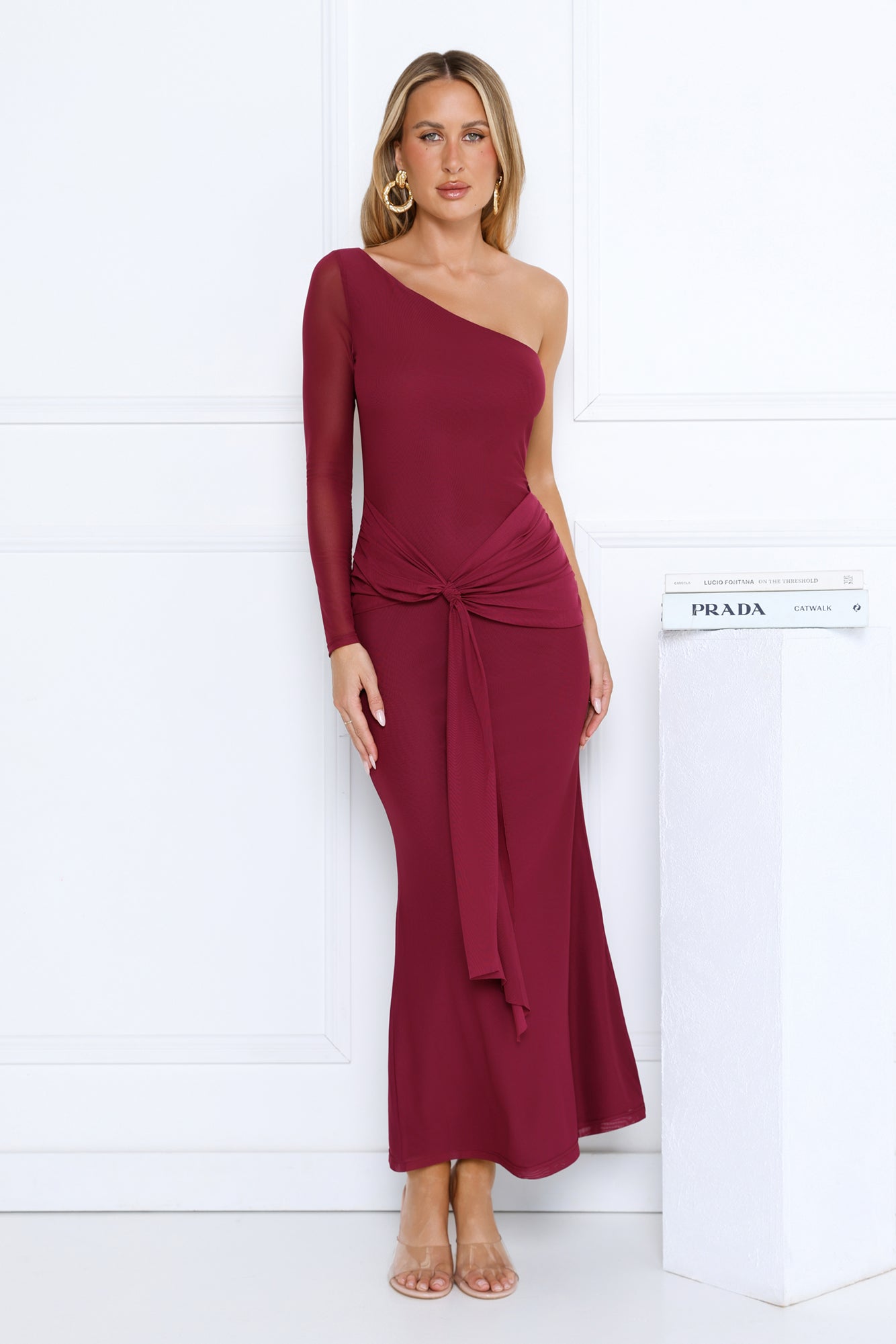 Dressed In Love One Shoulder Mesh Maxi Dress Plum