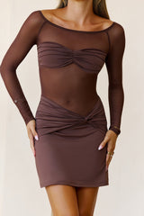 Certified Baddie Mesh Long Sleeve Mini Dress Brown