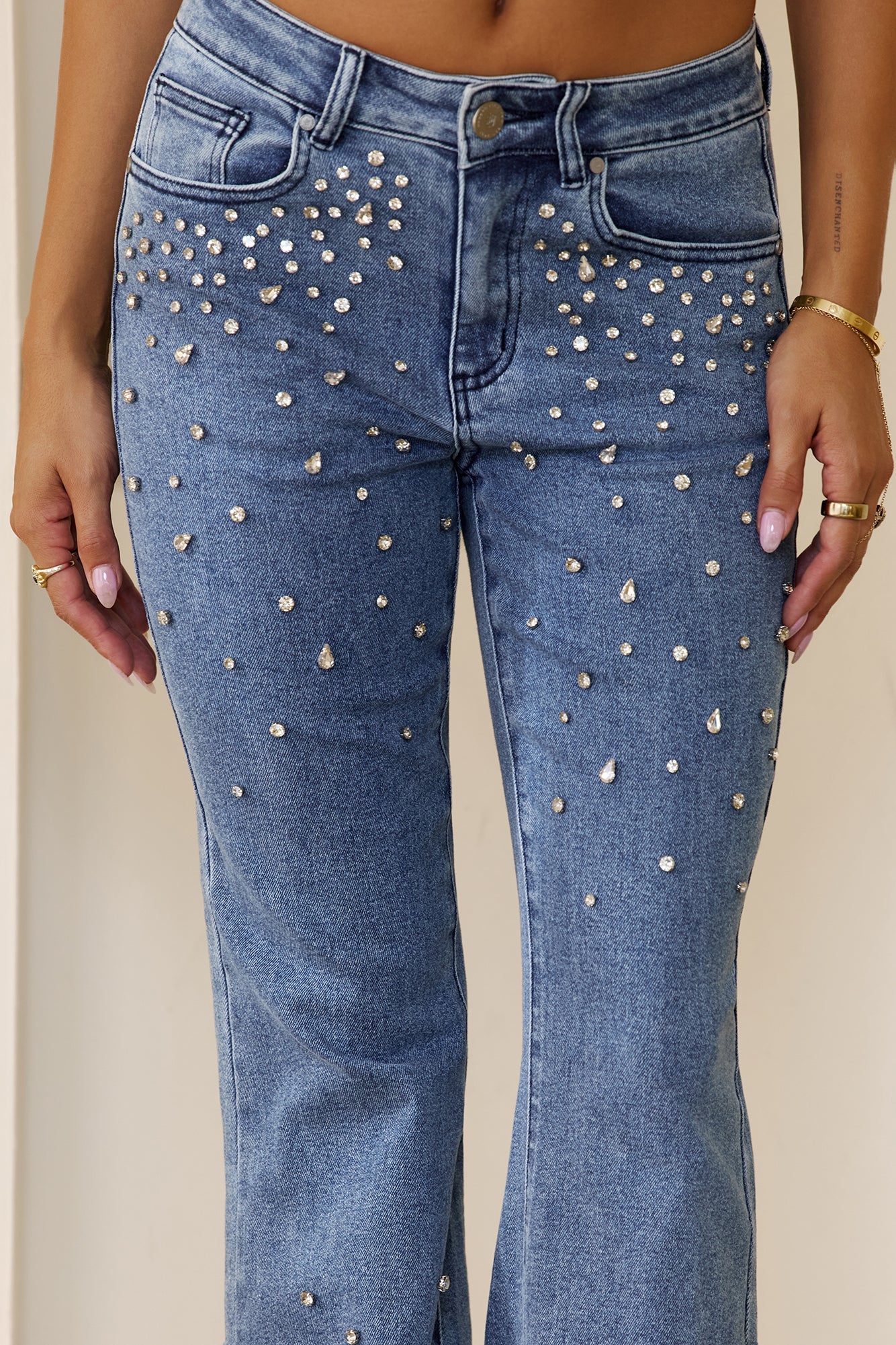 DNM Mid Waisted Rhinestone Flared Leg Jeans Blue