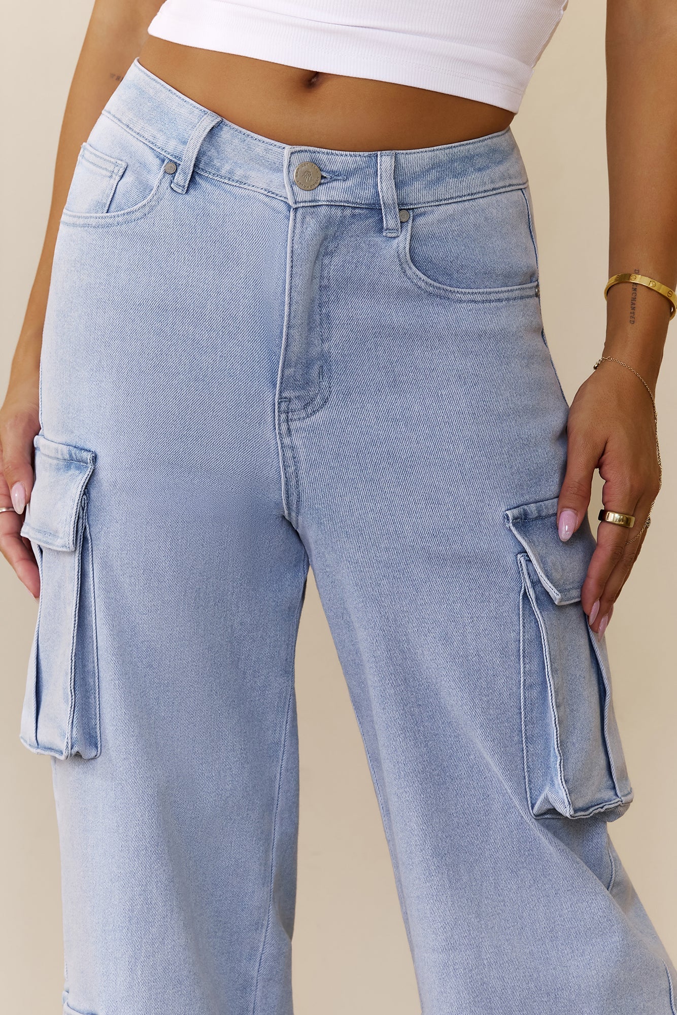 DNM High Rise Cargo Denim Jeans Light Blue